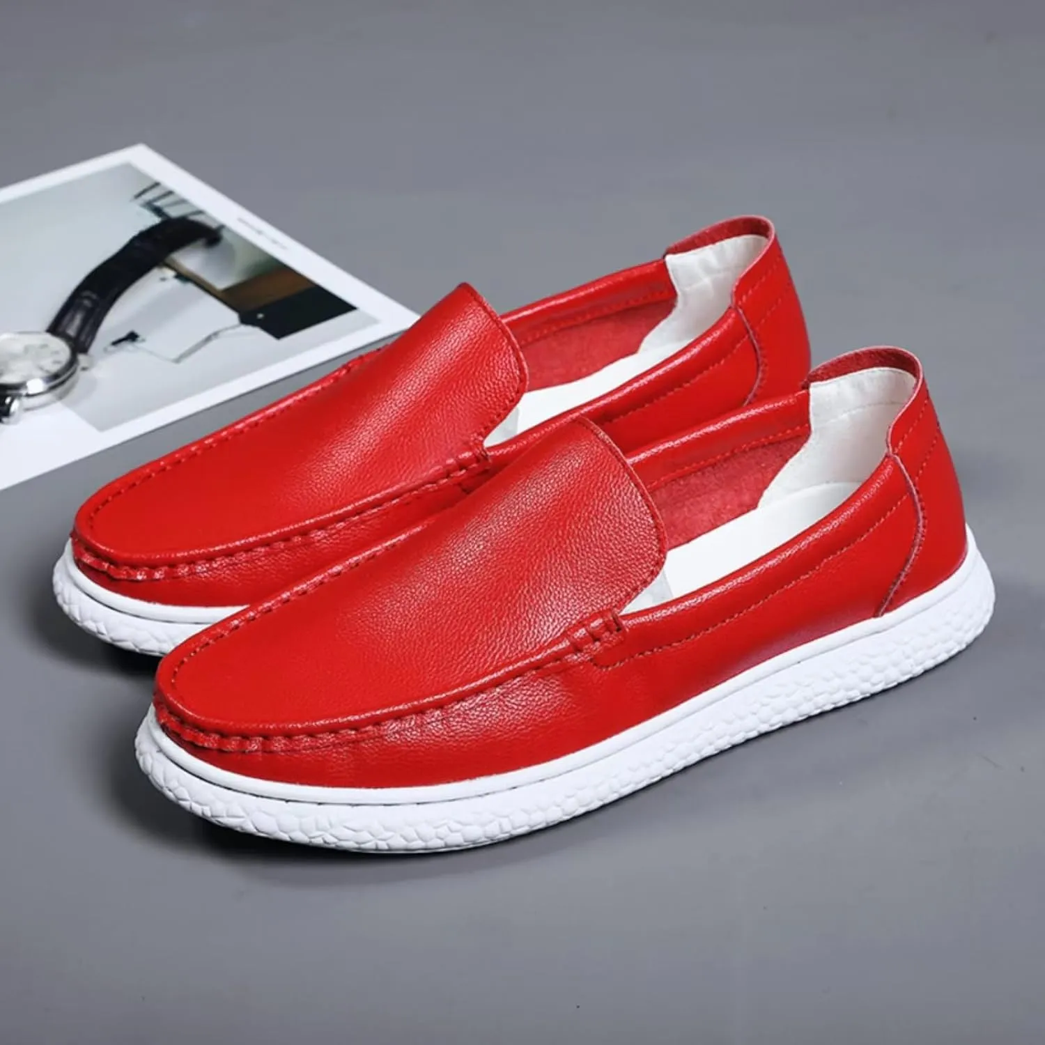 Aimery Mens Soft Leather Casual Slip-On Loafers Summer Soft&Breathable Flats Driving Walking Shoes Fashion Penny Loafers