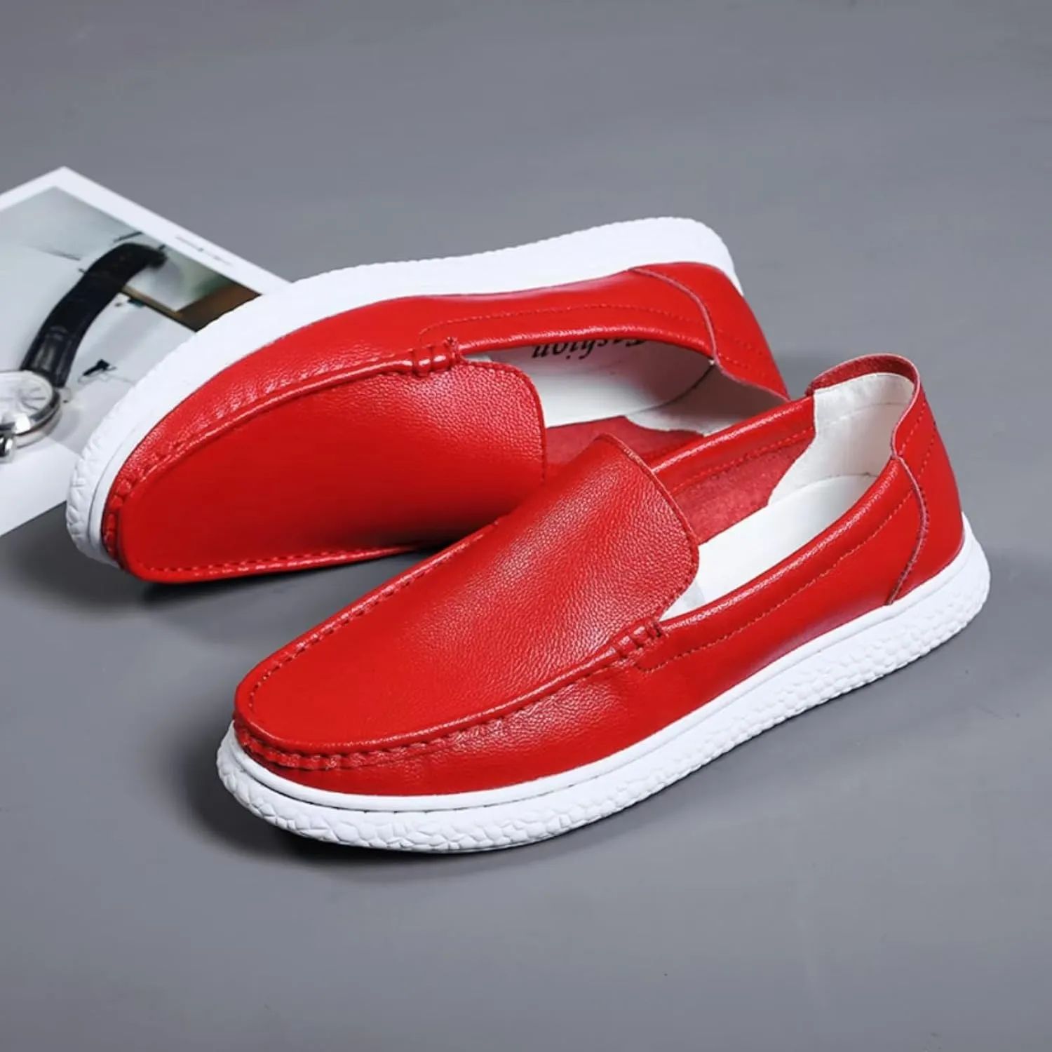 Aimery Mens Soft Leather Casual Slip-On Loafers Summer Soft&Breathable Flats Driving Walking Shoes Fashion Penny Loafers