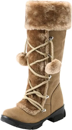 AMDBEL Boots for Women Fashion Dressy, Knee High Boots Women Warm Snow Boots Round Toe Zipper Shoes Heels Hairball Boots
