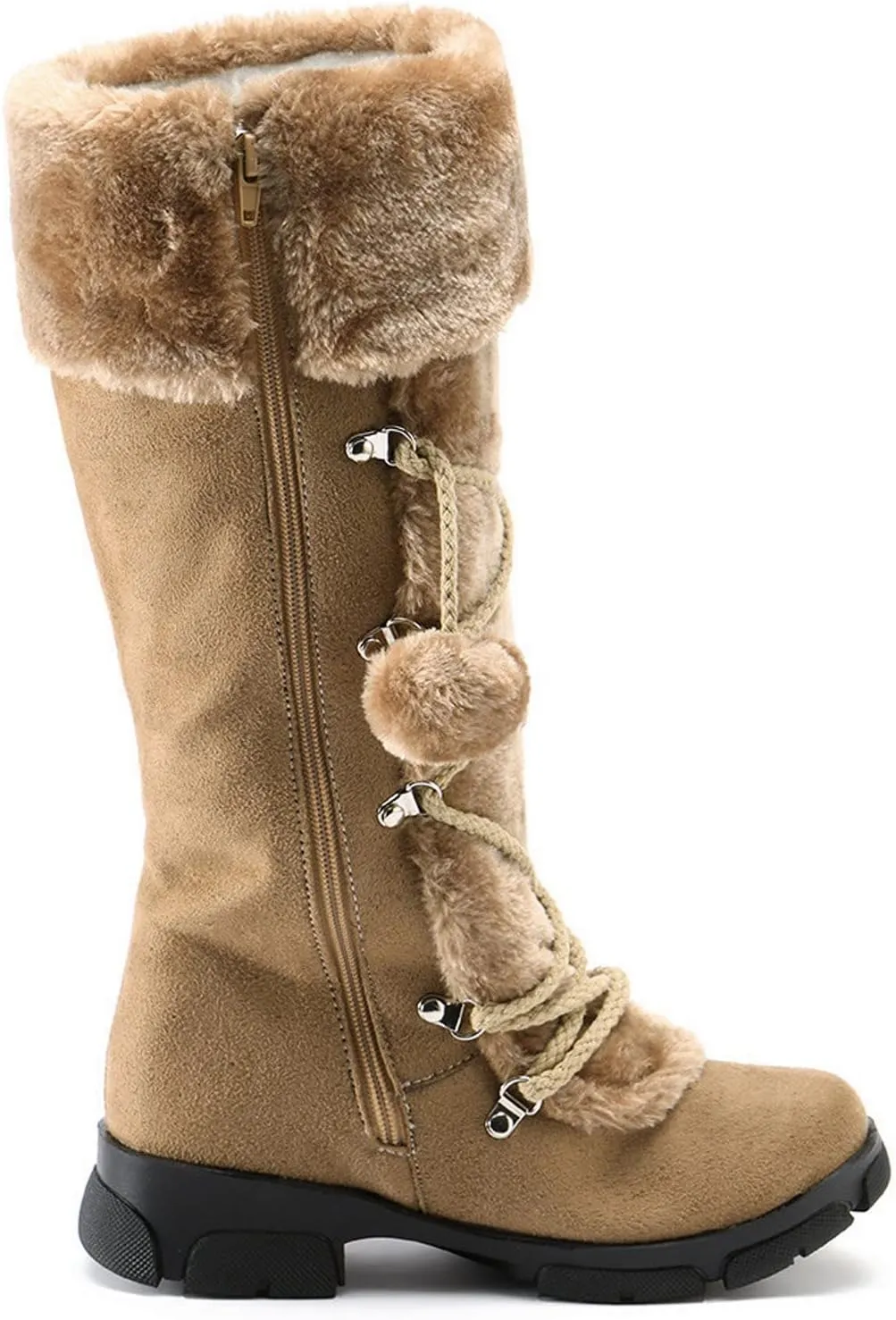 AMDBEL Boots for Women Fashion Dressy, Knee High Boots Women Warm Snow Boots Round Toe Zipper Shoes Heels Hairball Boots