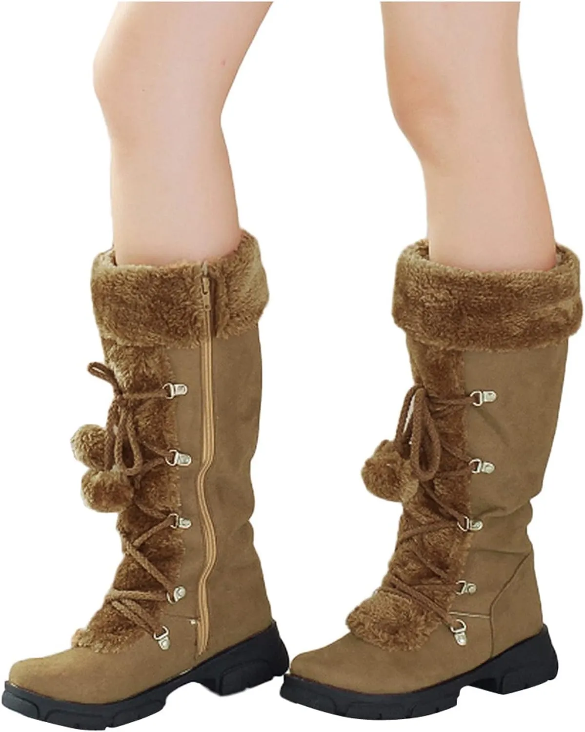 AMDBEL Boots for Women Fashion Dressy, Knee High Boots Women Warm Snow Boots Round Toe Zipper Shoes Heels Hairball Boots