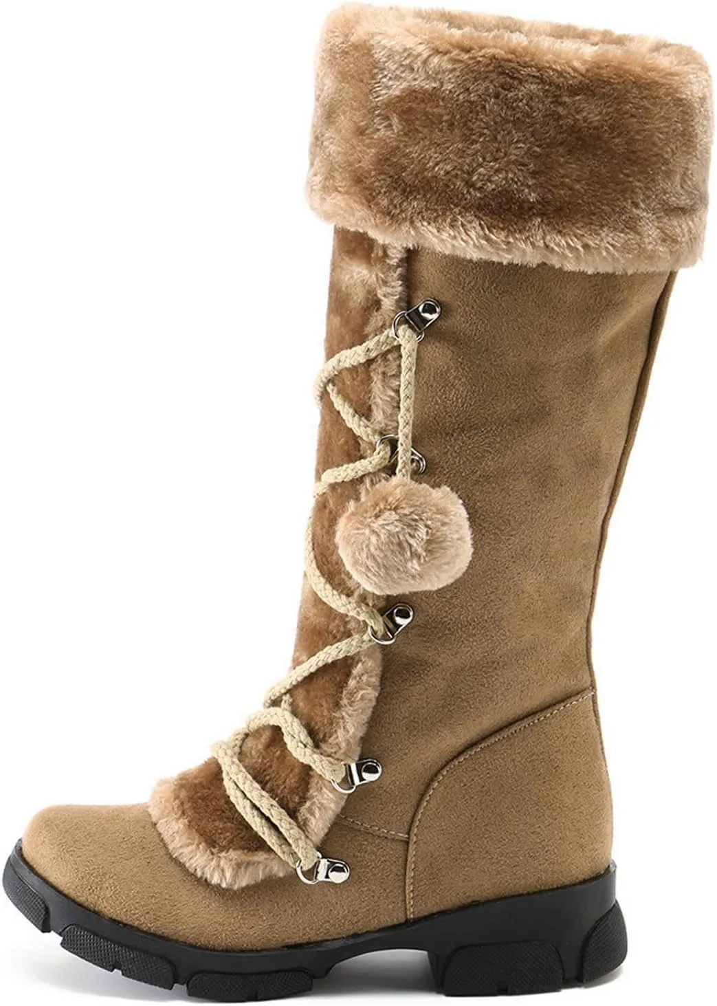 AMDBEL Boots for Women Fashion Dressy, Knee High Boots Women Warm Snow Boots Round Toe Zipper Shoes Heels Hairball Boots