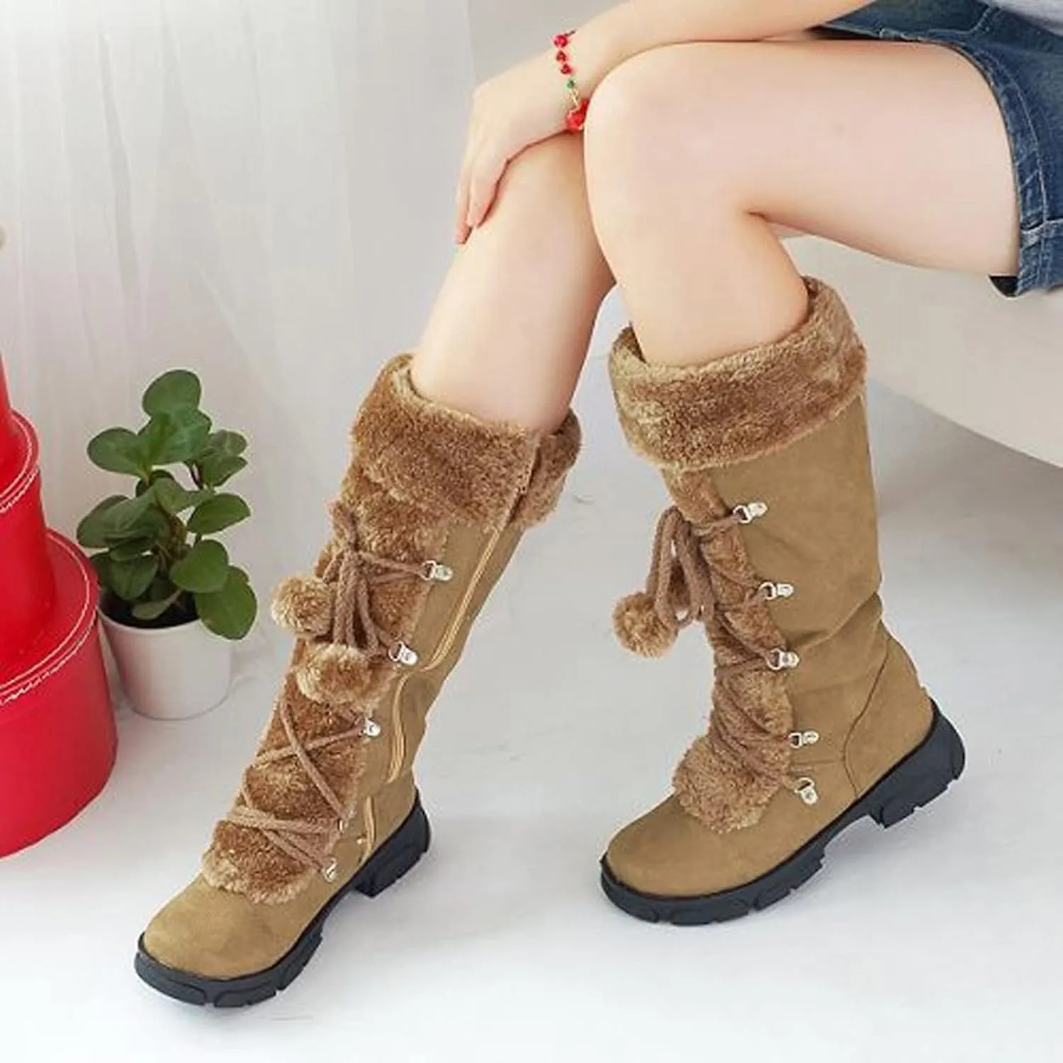 AMDBEL Boots for Women Fashion Dressy, Knee High Boots Women Warm Snow Boots Round Toe Zipper Shoes Heels Hairball Boots