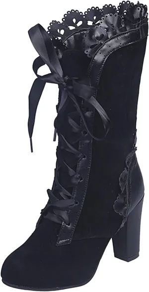 AMDBEL Fall Boots for Women 2023 Cowboy Boots,Vintage Knee High Boots Lace Up Boots Chunky Heels Retro Gothic Mid Calf Boots
