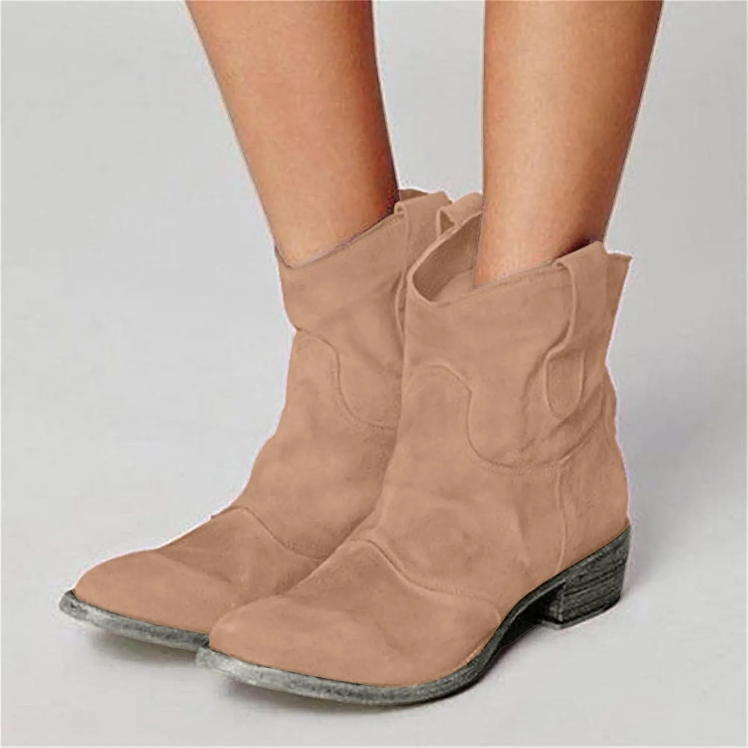 AMDBEL Fall Boots for Women 2024, Women's Ankle Boots Chunky Low Heel Suede Mid Calf Zipper Cowboy Boots Winter Booties
