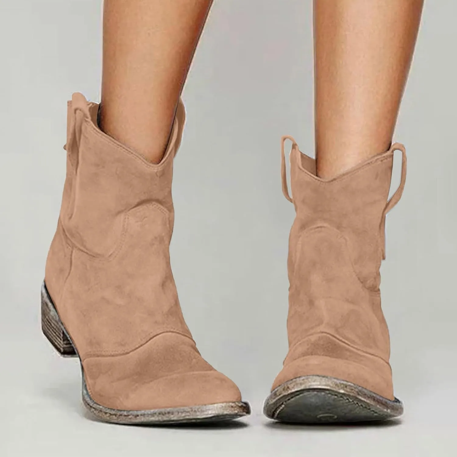 AMDBEL Fall Boots for Women 2024, Women's Ankle Boots Chunky Low Heel Suede Mid Calf Zipper Cowboy Boots Winter Booties