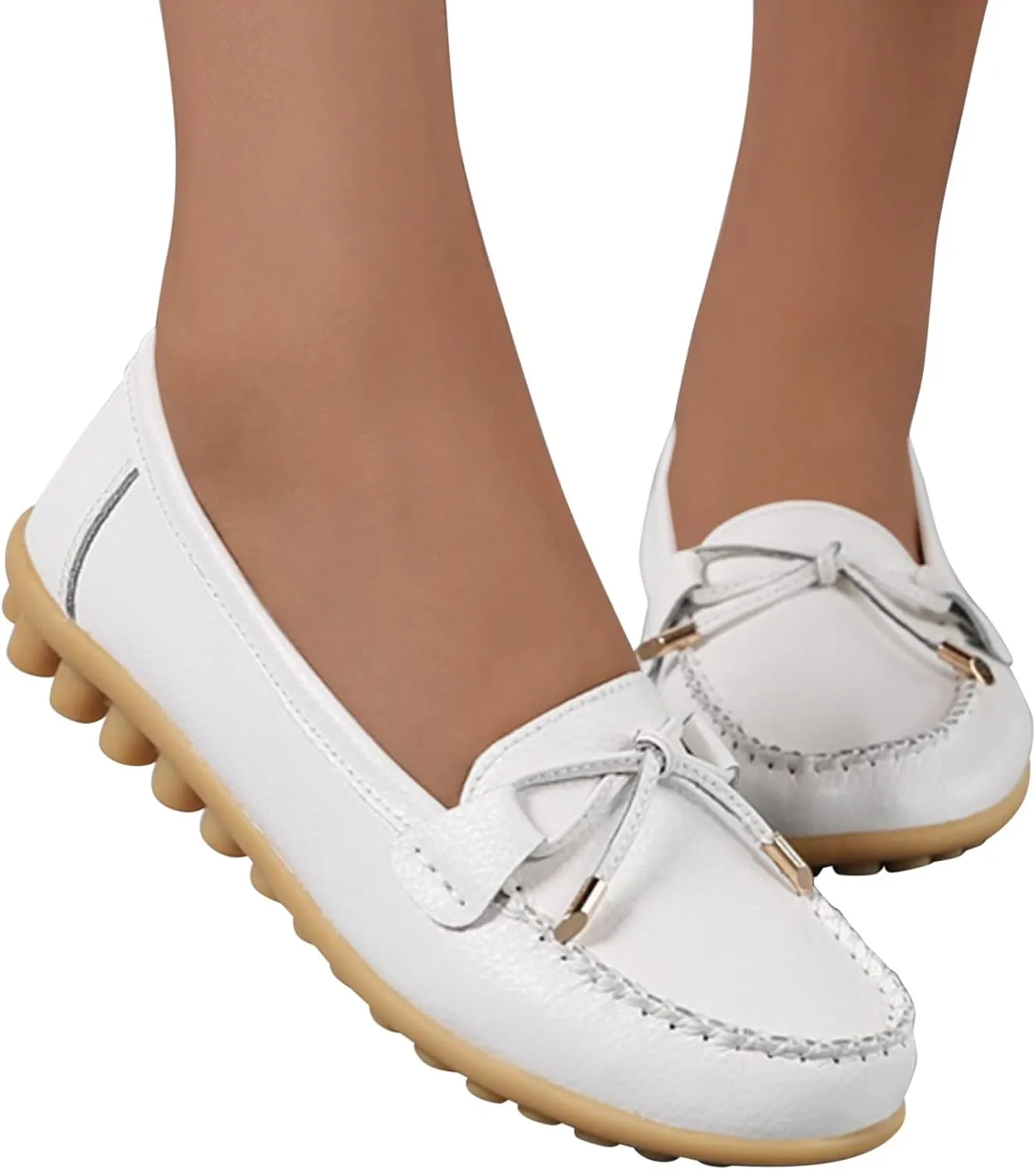 AMDBEL Flats Shoes Women Dressy Comfortable Women's Leather Slip On Loafers Casual Round Toe Moccasins Wild Driving Boat Flat