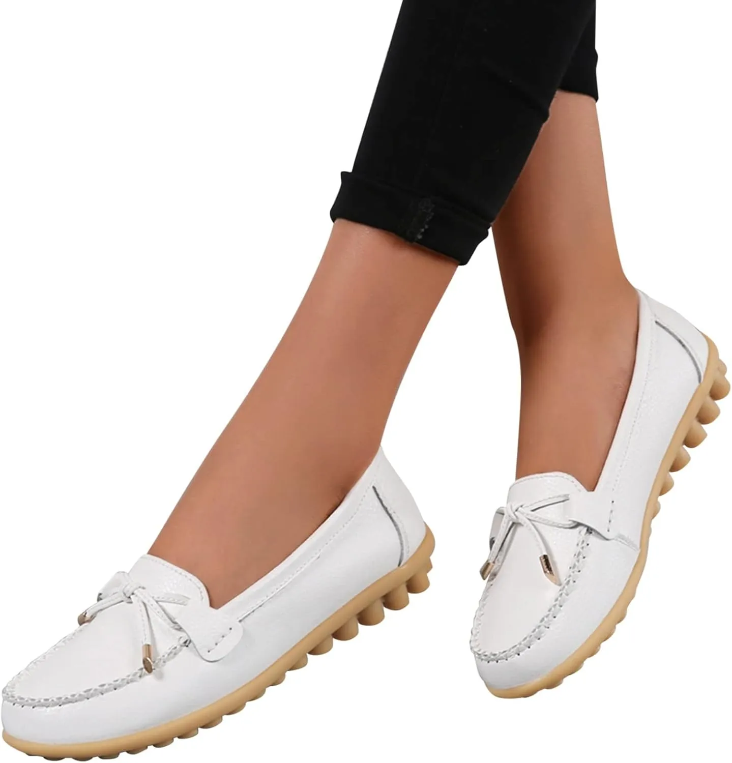 AMDBEL Flats Shoes Women Dressy Comfortable Women's Leather Slip On Loafers Casual Round Toe Moccasins Wild Driving Boat Flat