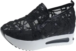 AMDBEL Sneakers for Women,Sequin Glitter Lace Mesh Chunky Heeled High Heels Slip On Loafers Comfort Walking Wedge Sneakers