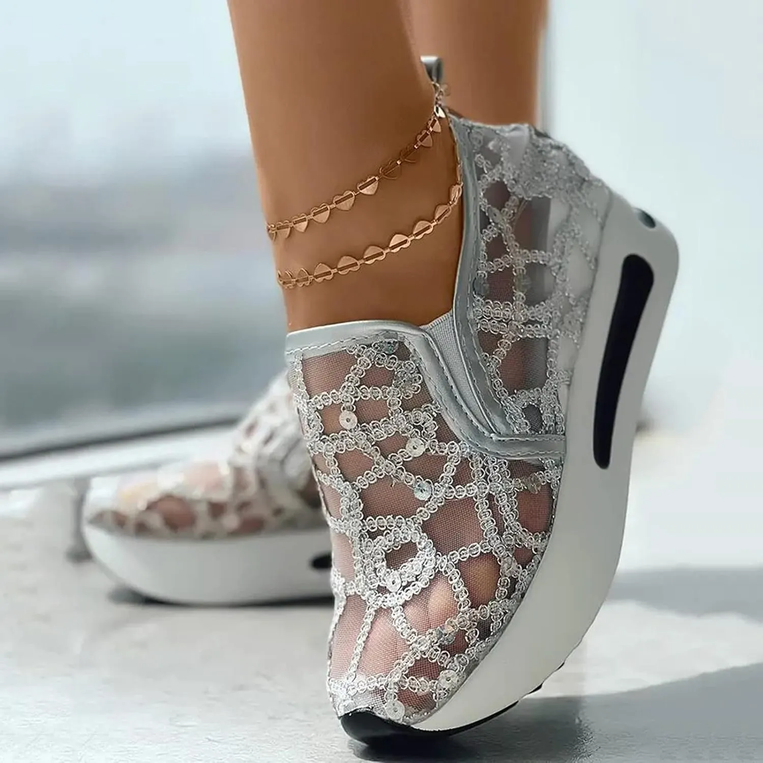 AMDBEL Sneakers for Women,Sequin Glitter Lace Mesh Chunky Heeled High Heels Slip On Loafers Comfort Walking Wedge Sneakers
