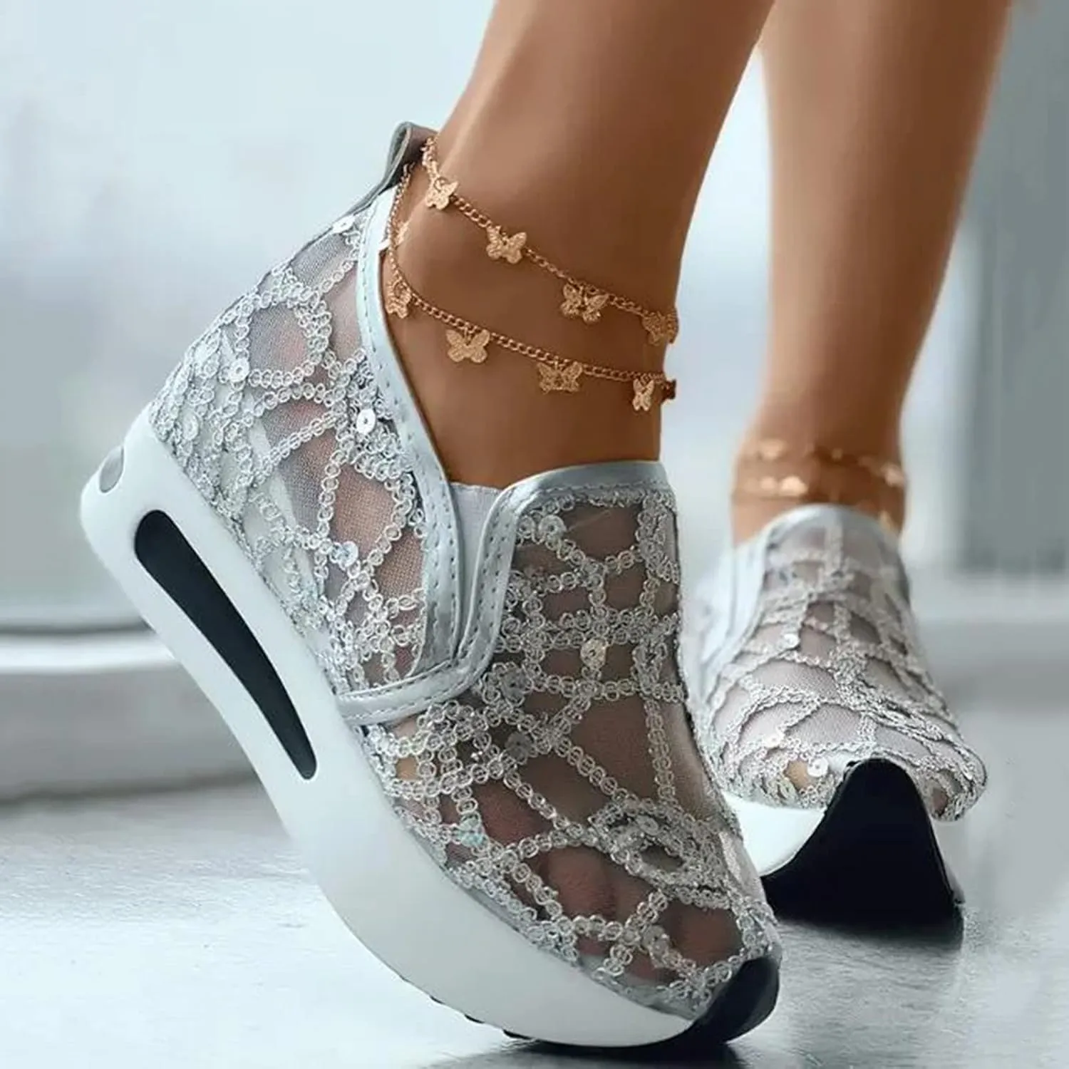 AMDBEL Sneakers for Women,Sequin Glitter Lace Mesh Chunky Heeled High Heels Slip On Loafers Comfort Walking Wedge Sneakers