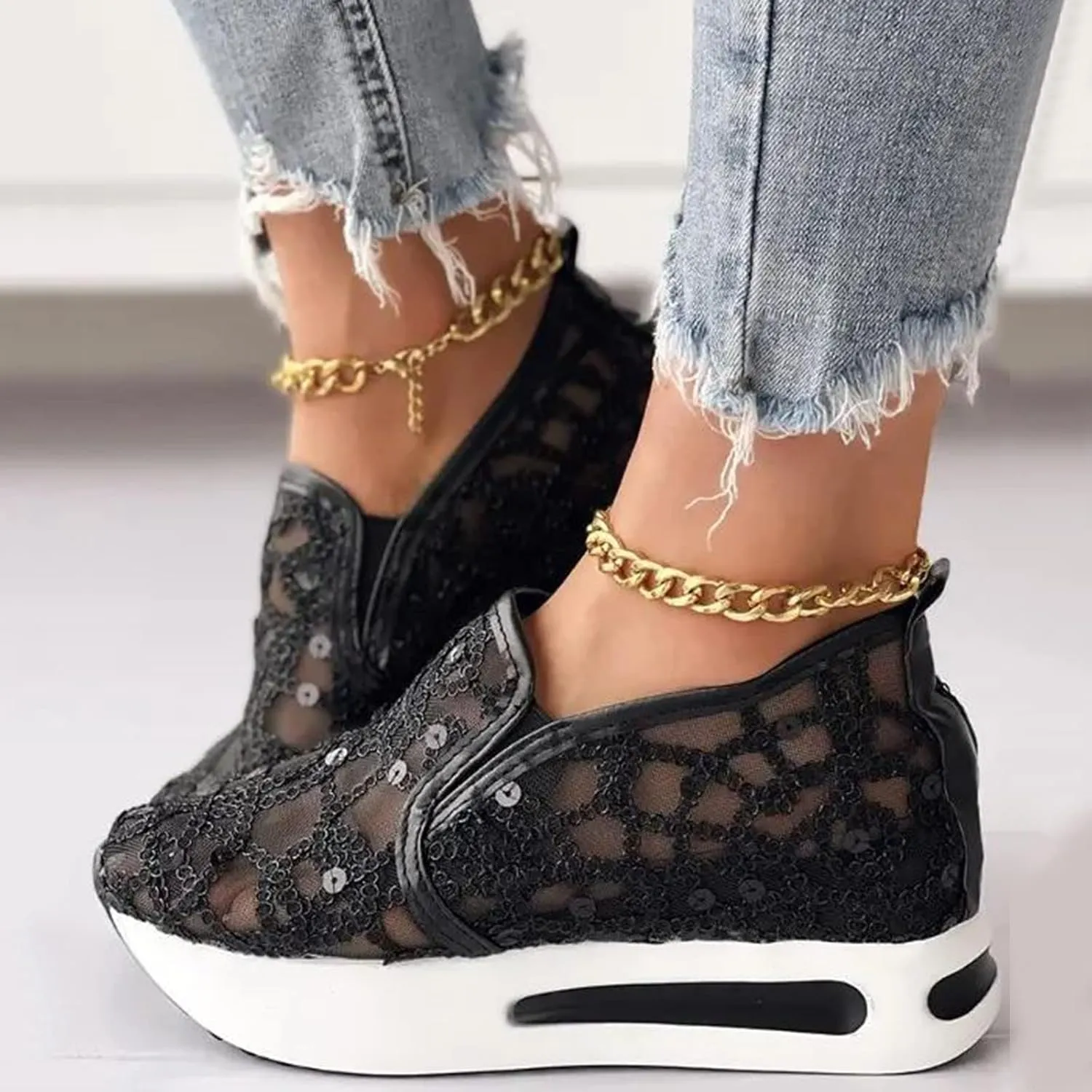 AMDBEL Sneakers for Women,Sequin Glitter Lace Mesh Chunky Heeled High Heels Slip On Loafers Comfort Walking Wedge Sneakers