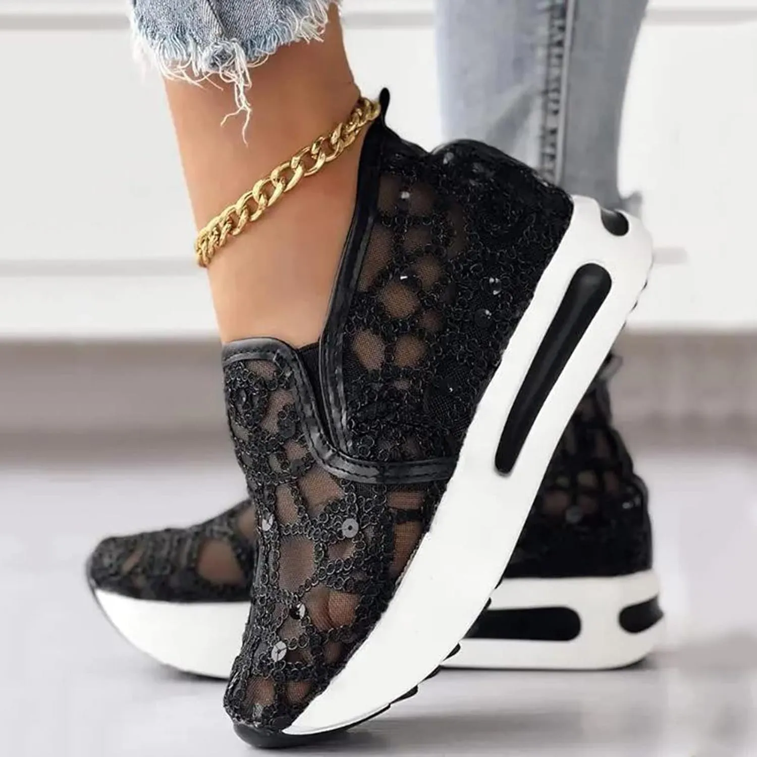 AMDBEL Sneakers for Women,Sequin Glitter Lace Mesh Chunky Heeled High Heels Slip On Loafers Comfort Walking Wedge Sneakers