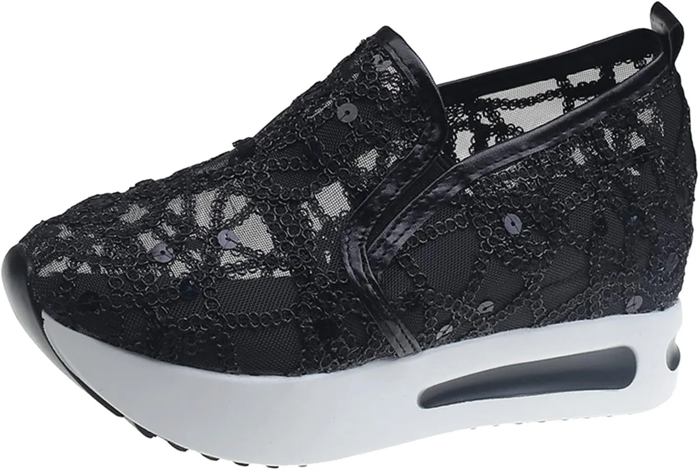 AMDBEL Sneakers for Women,Sequin Glitter Lace Mesh Chunky Heeled High Heels Slip On Loafers Comfort Walking Wedge Sneakers