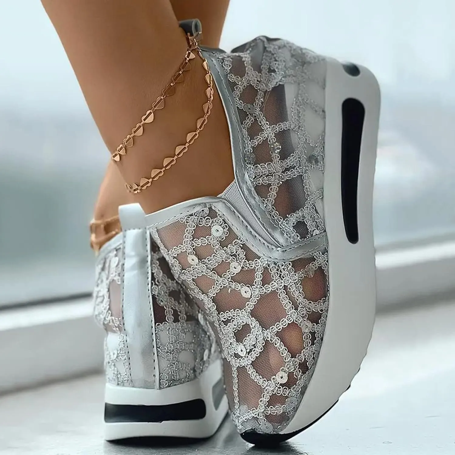 AMDBEL Sneakers for Women,Sequin Glitter Lace Mesh Chunky Heeled High Heels Slip On Loafers Comfort Walking Wedge Sneakers