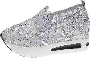 AMDBEL Sneakers for Women,Sequin Glitter Lace Mesh Chunky Heeled High Heels Slip On Loafers Comfort Walking Wedge Sneakers