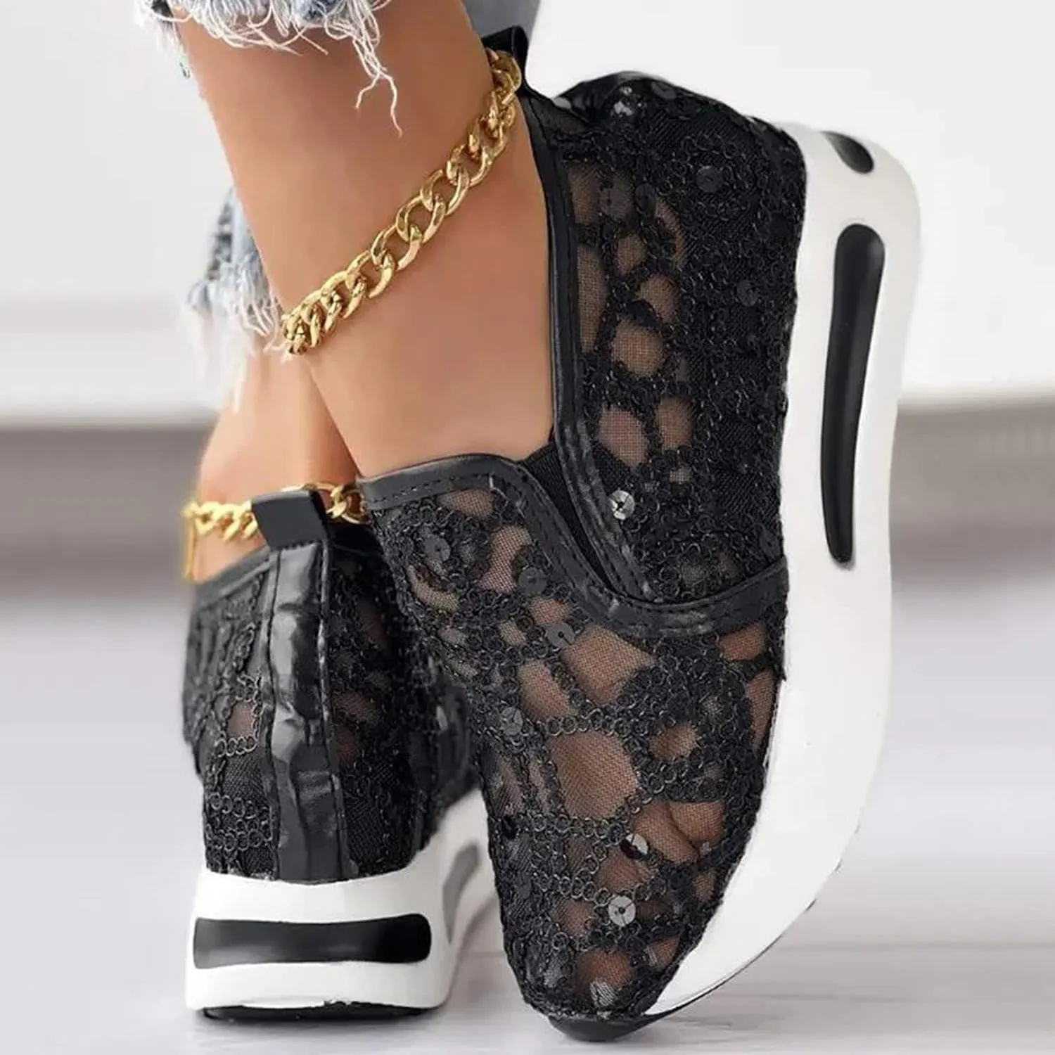 AMDBEL Sneakers for Women,Sequin Glitter Lace Mesh Chunky Heeled High Heels Slip On Loafers Comfort Walking Wedge Sneakers
