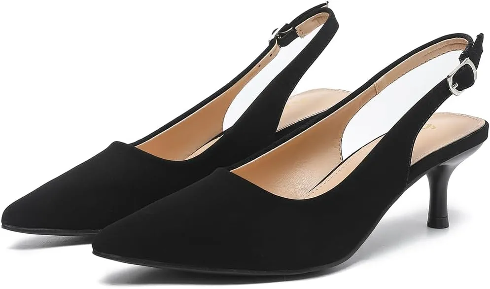 Amoji Women's 2 Inch Pointed Toe Low Kitten Heel Slingback Pump Party Wedding Dress Shoes FZ321