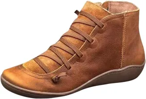 Ankle Boots for Women No Heel,2019 New Arch Support Boots Side Zipper Vintage Leather Damping Shoes Flat Heel Booties