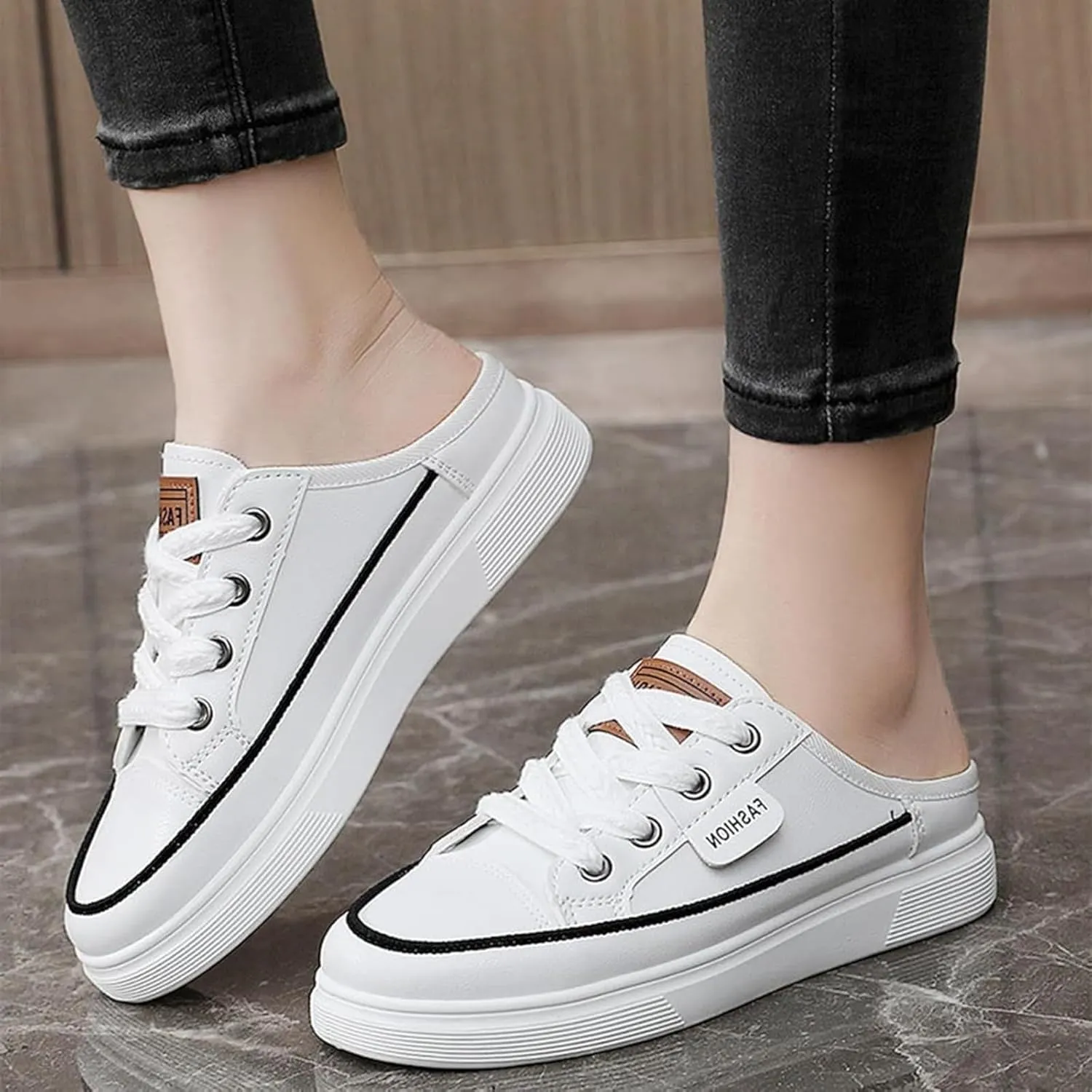 Backless Sneakers for Women Slip on Sneakers Casual Shoes Lace Up Canvas Low Top White Shoes Loafers for Women Fashion