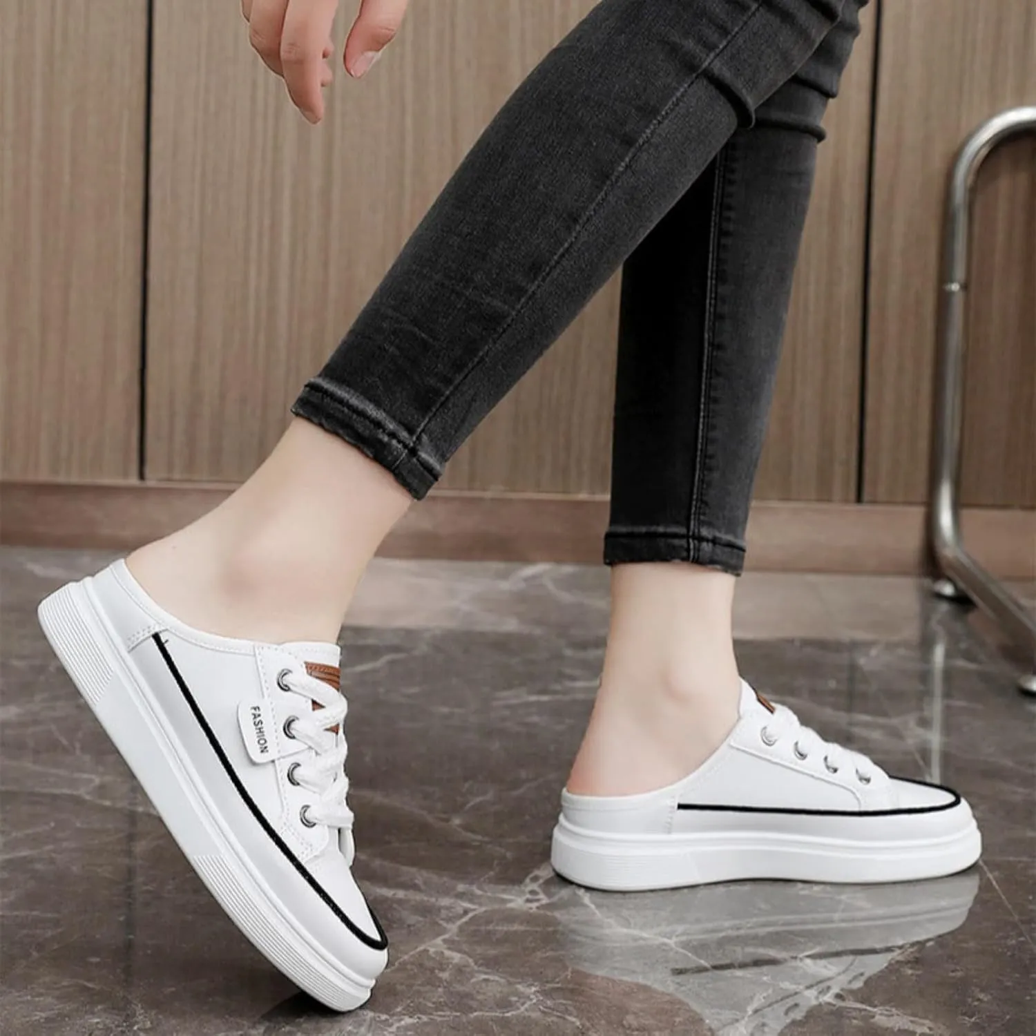 Backless Sneakers for Women Slip on Sneakers Casual Shoes Lace Up Canvas Low Top White Shoes Loafers for Women Fashion