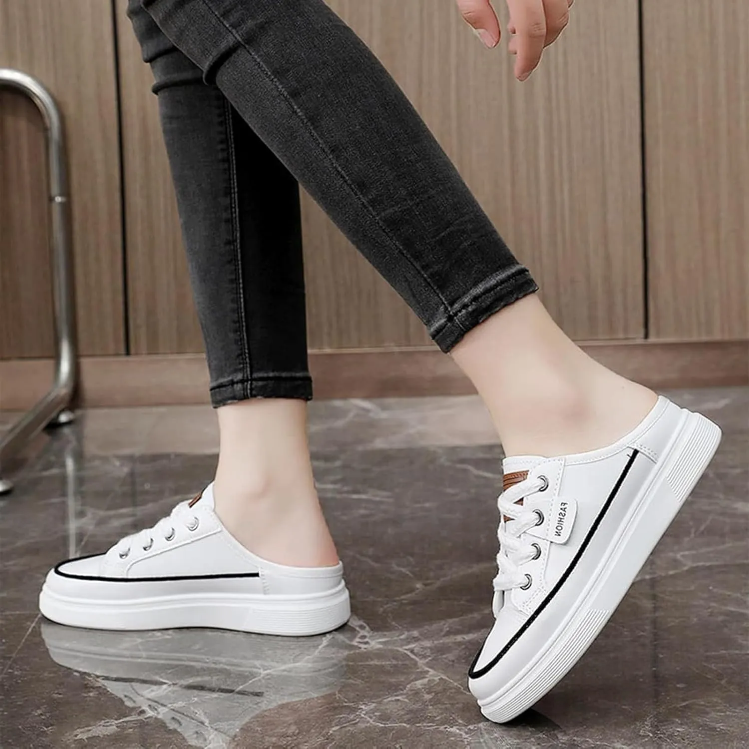 Backless Sneakers for Women Slip on Sneakers Casual Shoes Lace Up Canvas Low Top White Shoes Loafers for Women Fashion