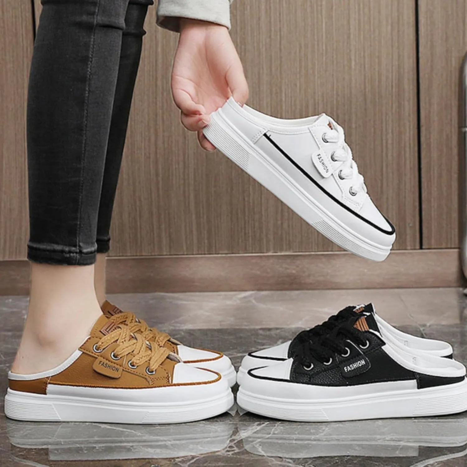 Backless Sneakers for Women Slip on Sneakers Casual Shoes Lace Up Canvas Low Top White Shoes Loafers for Women Fashion