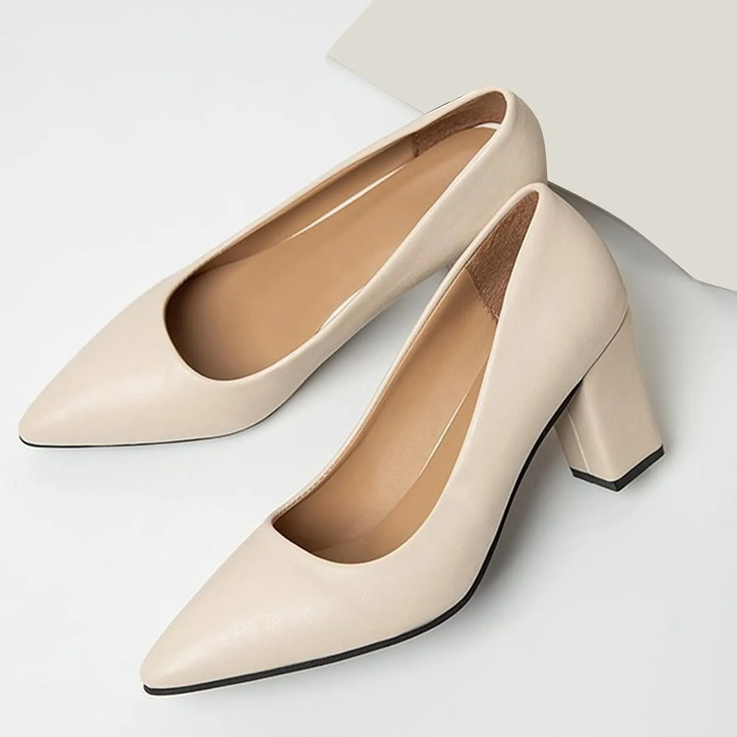 Black Heels Women's Chunky Block Dress Shoes Closed Pointed Toe Loafers Comfort Slip-Ons Casual Shoe Work Shoes