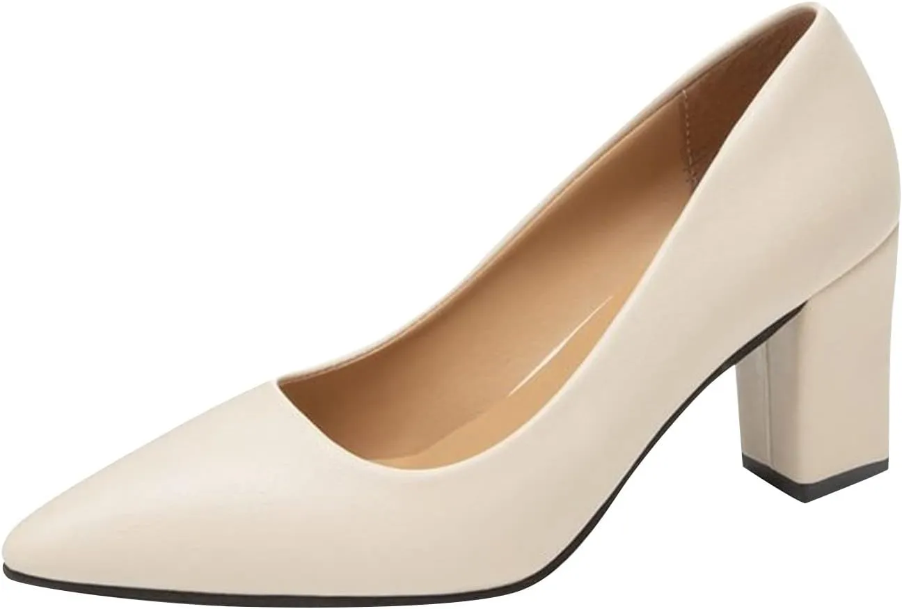 Black Heels Women's Chunky Block Dress Shoes Closed Pointed Toe Loafers Comfort Slip-Ons Casual Shoe Work Shoes