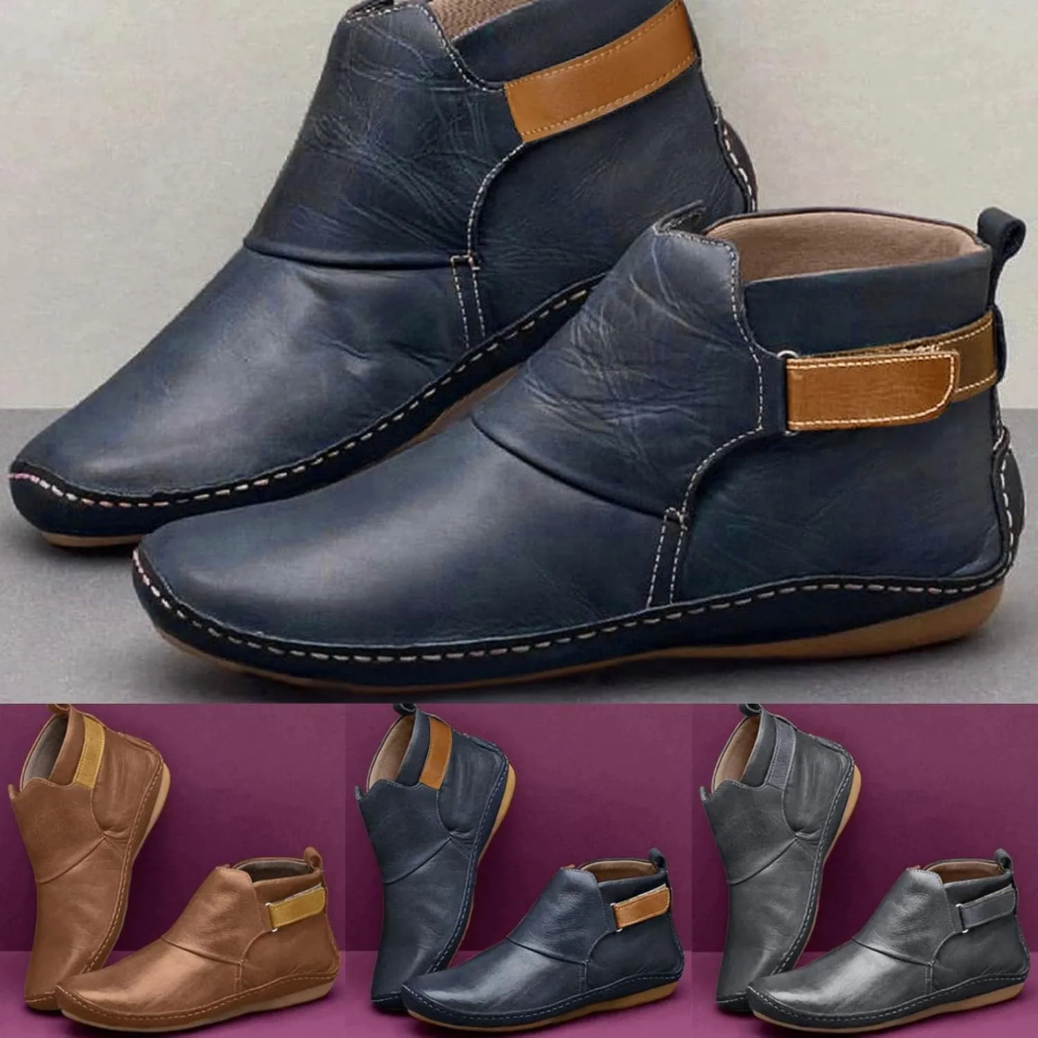 Boots for Women No Heel,2022 New Arch Support Boots Side Zipper Vintage Leather Damping Shoes Flat Heel Booties