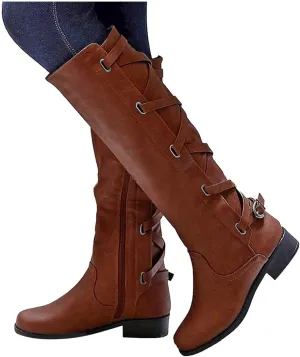 Boots for Women,Over The Knee Boots Combat Style Hiking Boots Motorcycle Boots Classic Lace Up Low Heel Shoes Retro Shoes