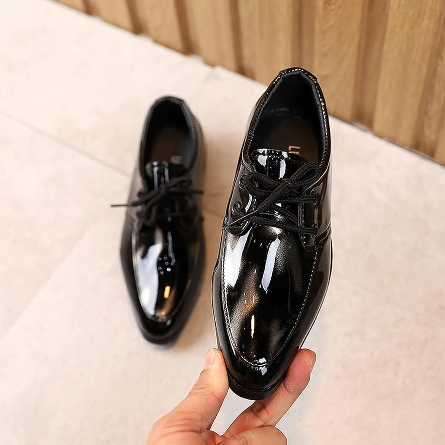 Boy's Classic Dress Shoes Pointed Toe Patent Formal Oxfords Dress Shoes Lace Up Wedding Prom Footwear for Boys