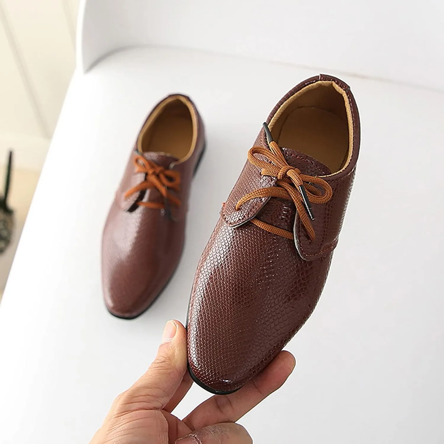 Boys Derby Leather Formal Dress Shoes Pointed Toe Oxford Lace Up Wedding Party Performance Prom Footwear for Kids