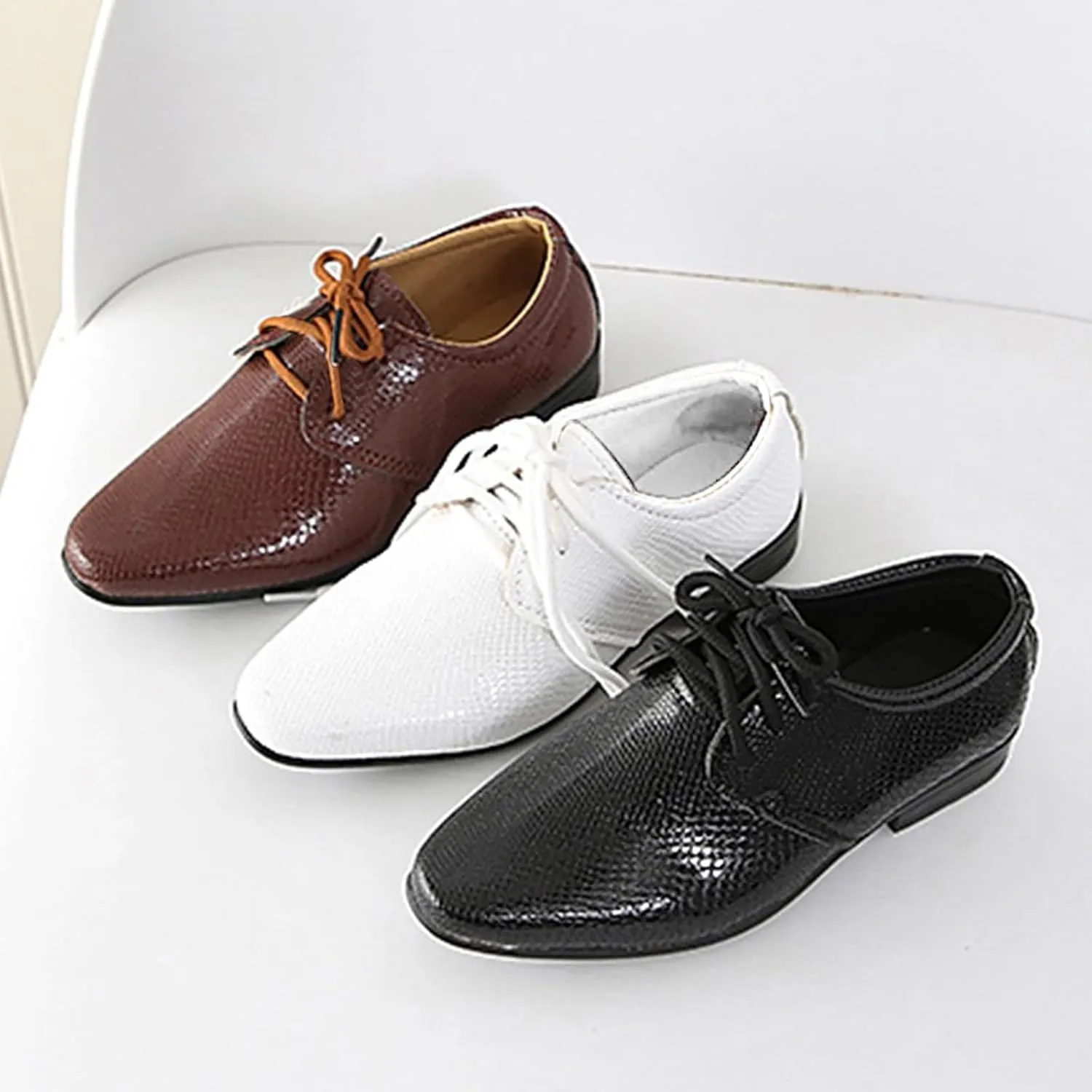 Boys Derby Leather Formal Dress Shoes Pointed Toe Oxford Lace Up Wedding Party Performance Prom Footwear for Kids