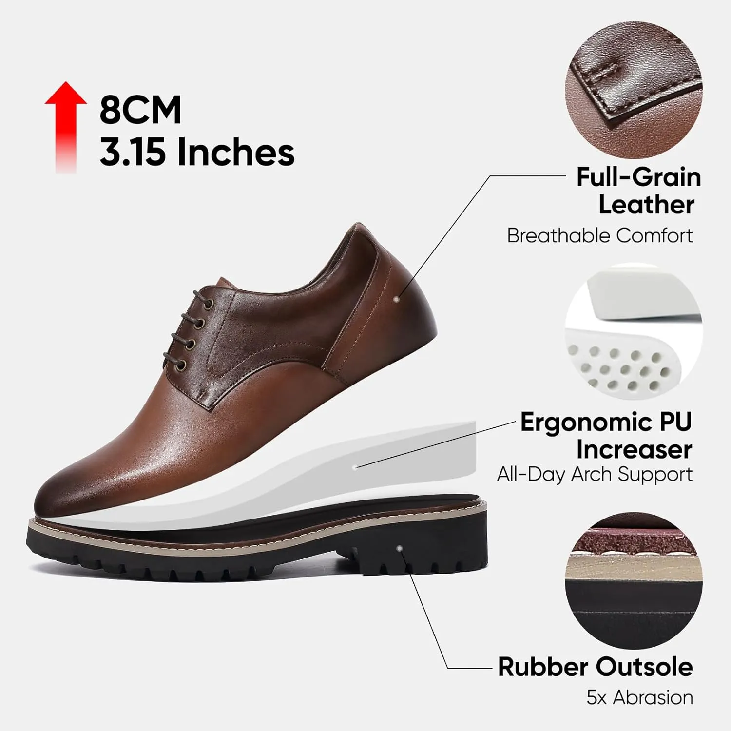 CHAMARIPA Height Increasing Shoes for Men, Leather Lace-up Dress Shoes Invisible Elevator Shoes