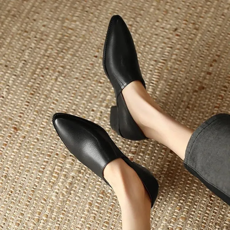 Chic Sheepskin Leather Loafers: Pointed Toe & Chunky Heel