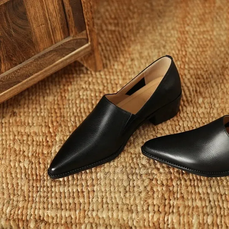 Chic Sheepskin Leather Loafers: Pointed Toe & Chunky Heel