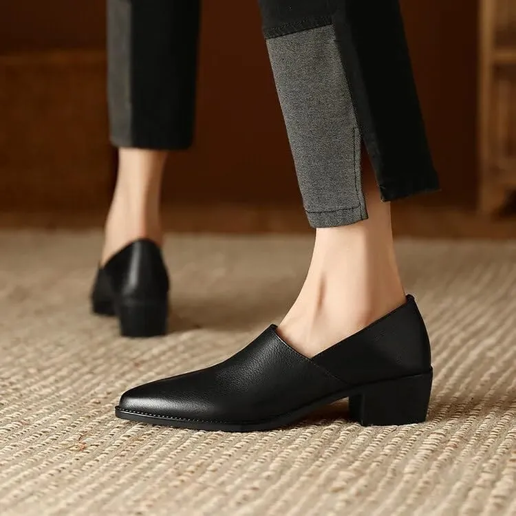 Chic Sheepskin Leather Loafers: Pointed Toe & Chunky Heel