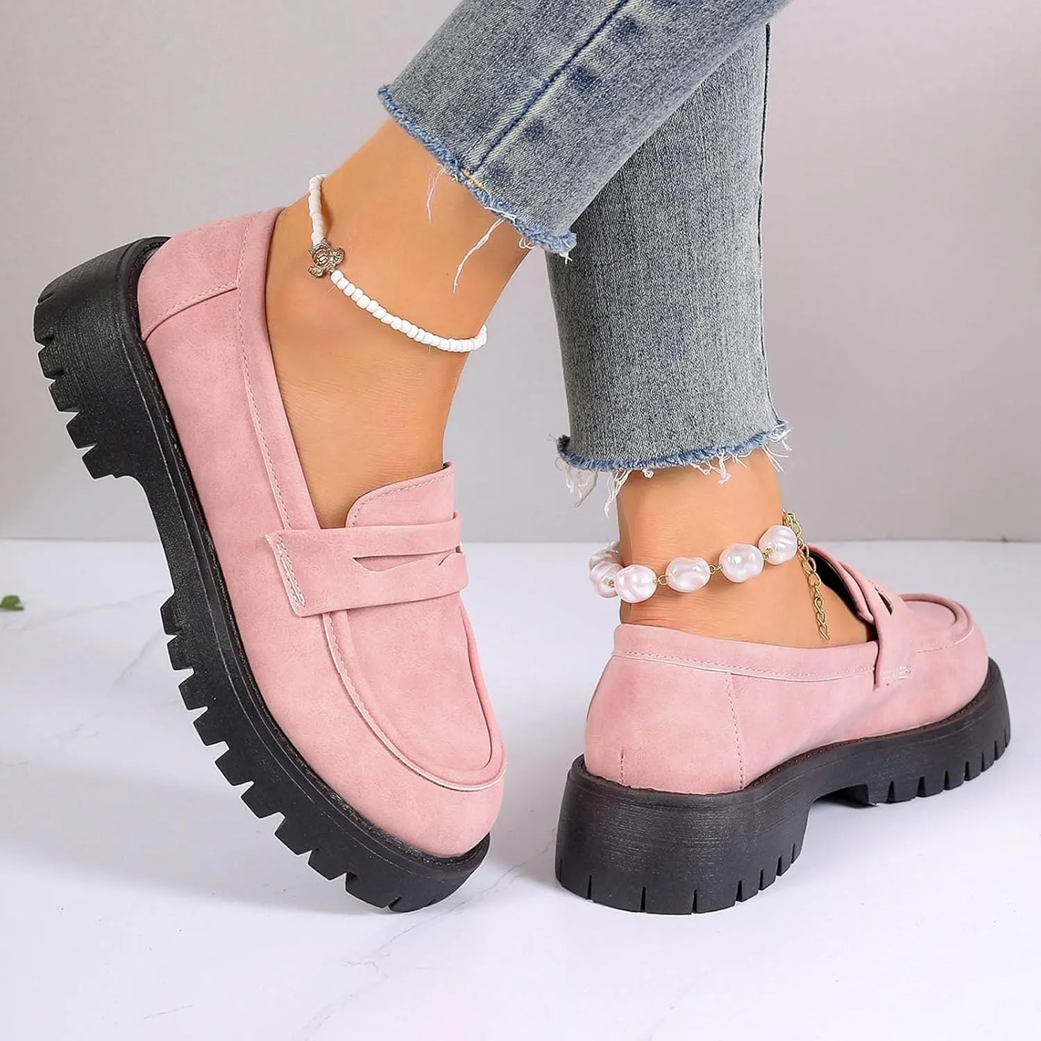 Chunky Loafers Women Slip-On Business Shoes Comfortable Work Shoes Casual Platform Loafers Leather Penny Loafers