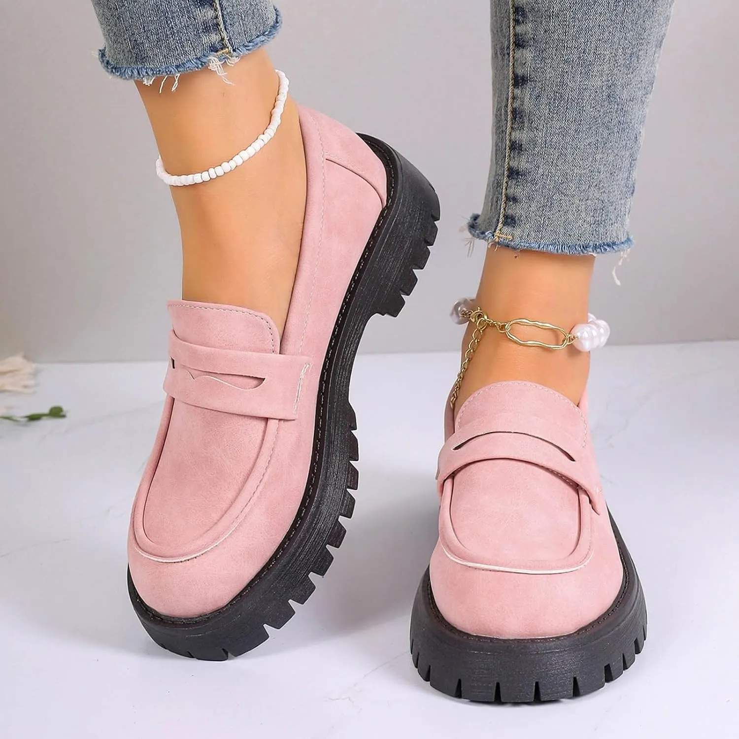 Chunky Loafers Women Slip-On Business Shoes Comfortable Work Shoes Casual Platform Loafers Leather Penny Loafers