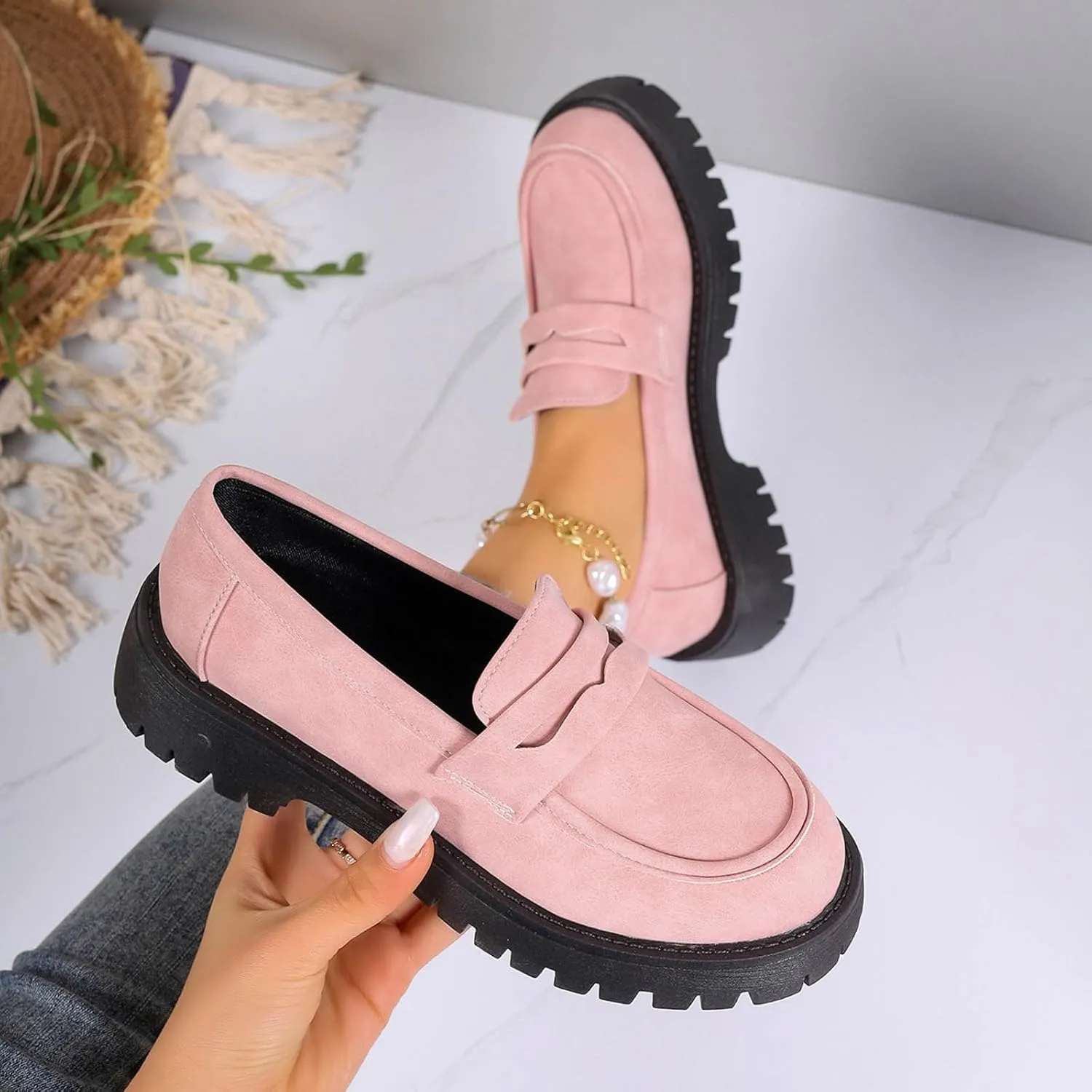 Chunky Loafers Women Slip-On Business Shoes Comfortable Work Shoes Casual Platform Loafers Leather Penny Loafers