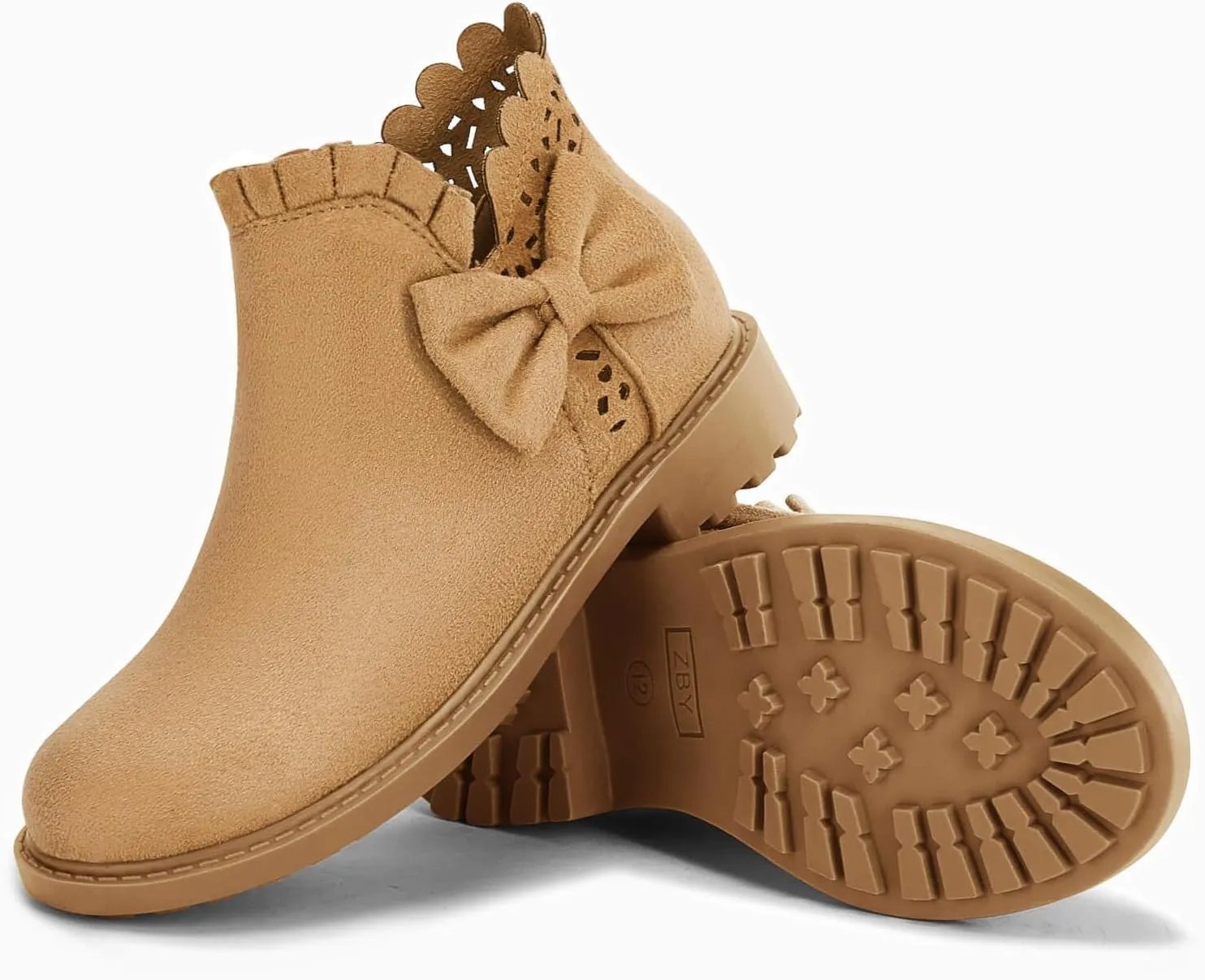 Coutgo Girls Bow Ankle Boots Ruffled Chunky Heel with Classic Side Zipper Dress Booties for Little Kids/Big Kids