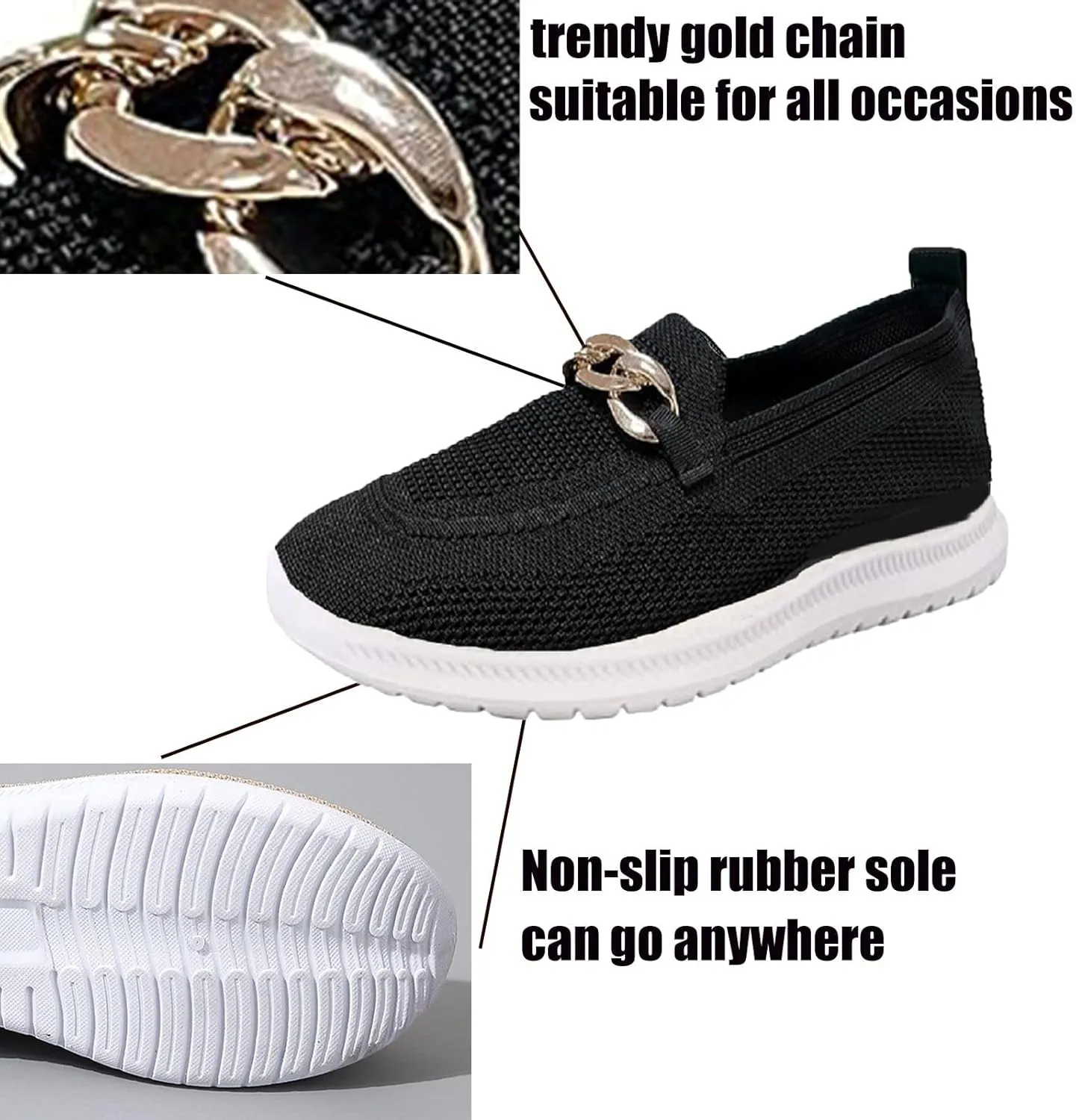Crepuscute Women's Mesh with Chain Flat Fashion Walking Sneakers,Slip On Comfort Breathable Lightweight Soft Bottom Casual Loafers