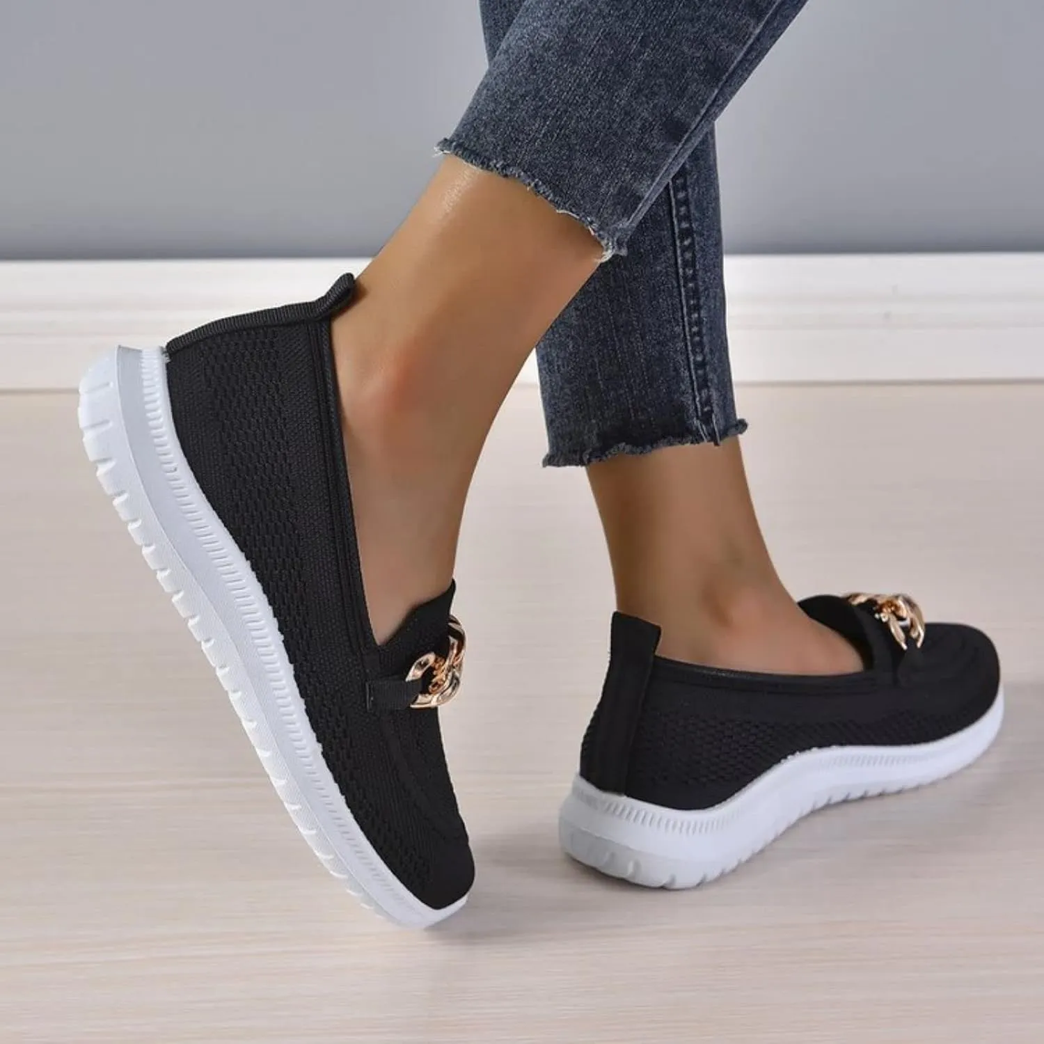 Crepuscute Women's Mesh with Chain Flat Fashion Walking Sneakers,Slip On Comfort Breathable Lightweight Soft Bottom Casual Loafers