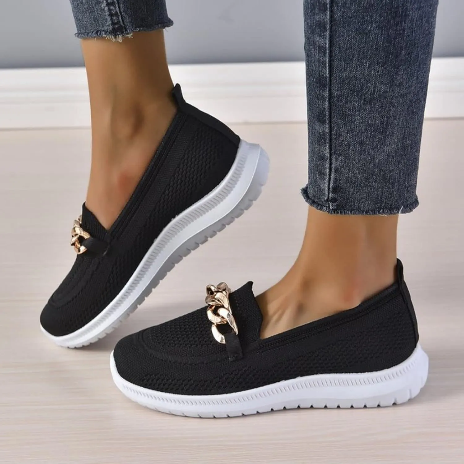 Crepuscute Women's Mesh with Chain Flat Fashion Walking Sneakers,Slip On Comfort Breathable Lightweight Soft Bottom Casual Loafers