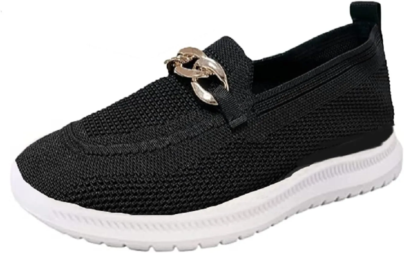 Crepuscute Women's Mesh with Chain Flat Fashion Walking Sneakers,Slip On Comfort Breathable Lightweight Soft Bottom Casual Loafers