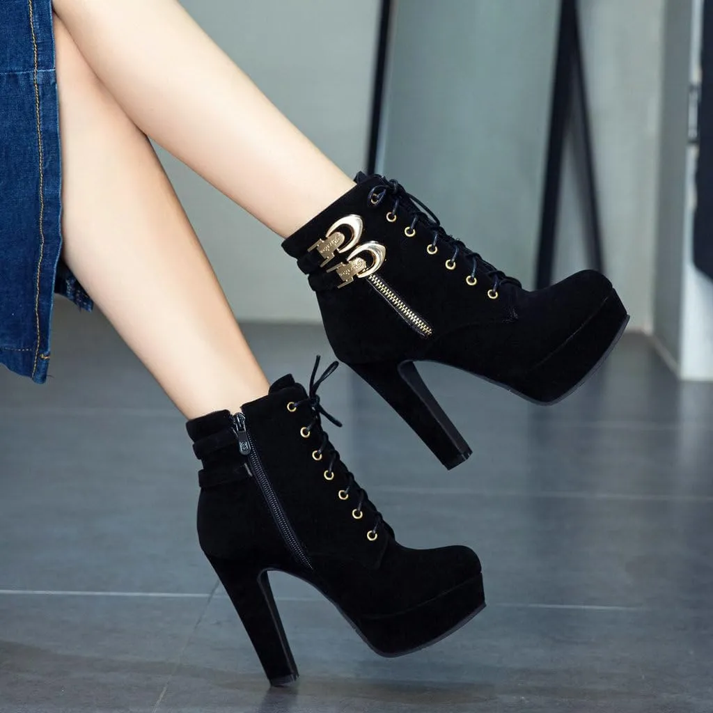 DINTAHA Chunky Platform Heels Boots Faux Suede Ankle Boots Lace Up Booties Heeled Combat Boots