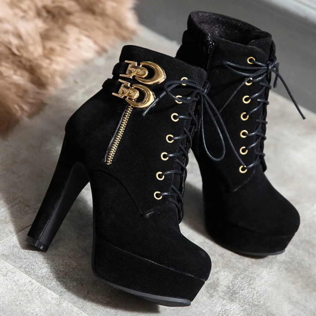 DINTAHA Chunky Platform Heels Boots Faux Suede Ankle Boots Lace Up Booties Heeled Combat Boots