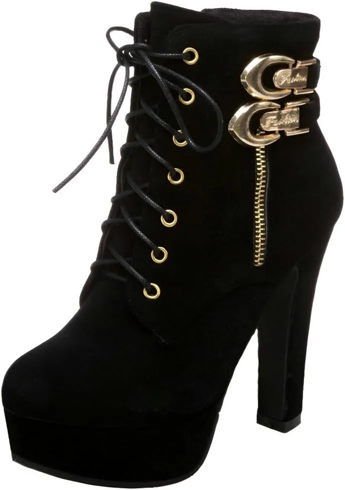 DINTAHA Chunky Platform Heels Boots Faux Suede Ankle Boots Lace Up Booties Heeled Combat Boots
