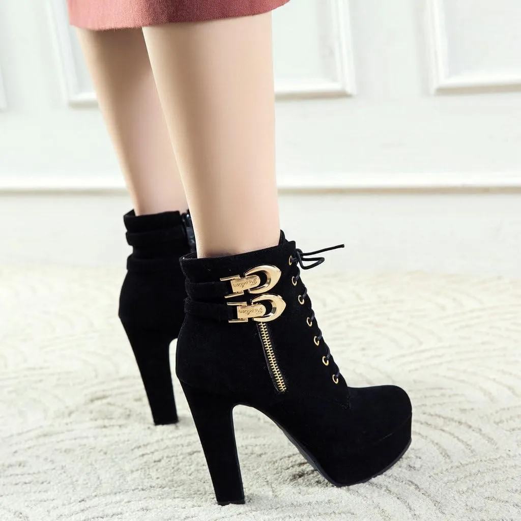 DINTAHA Chunky Platform Heels Boots Faux Suede Ankle Boots Lace Up Booties Heeled Combat Boots